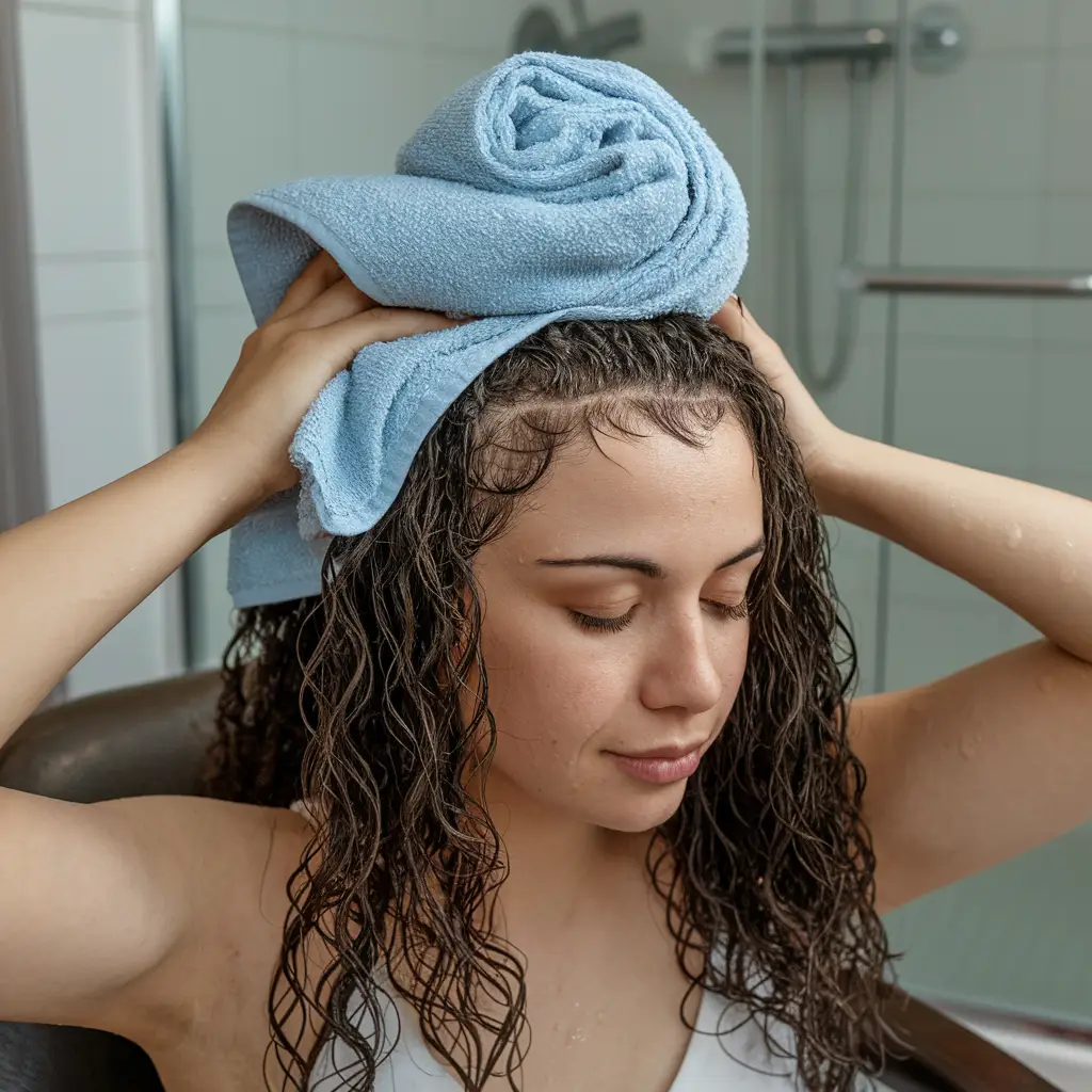 Plopping curly hair with a microfiber towel to enhance curl definition and reduce frizz.