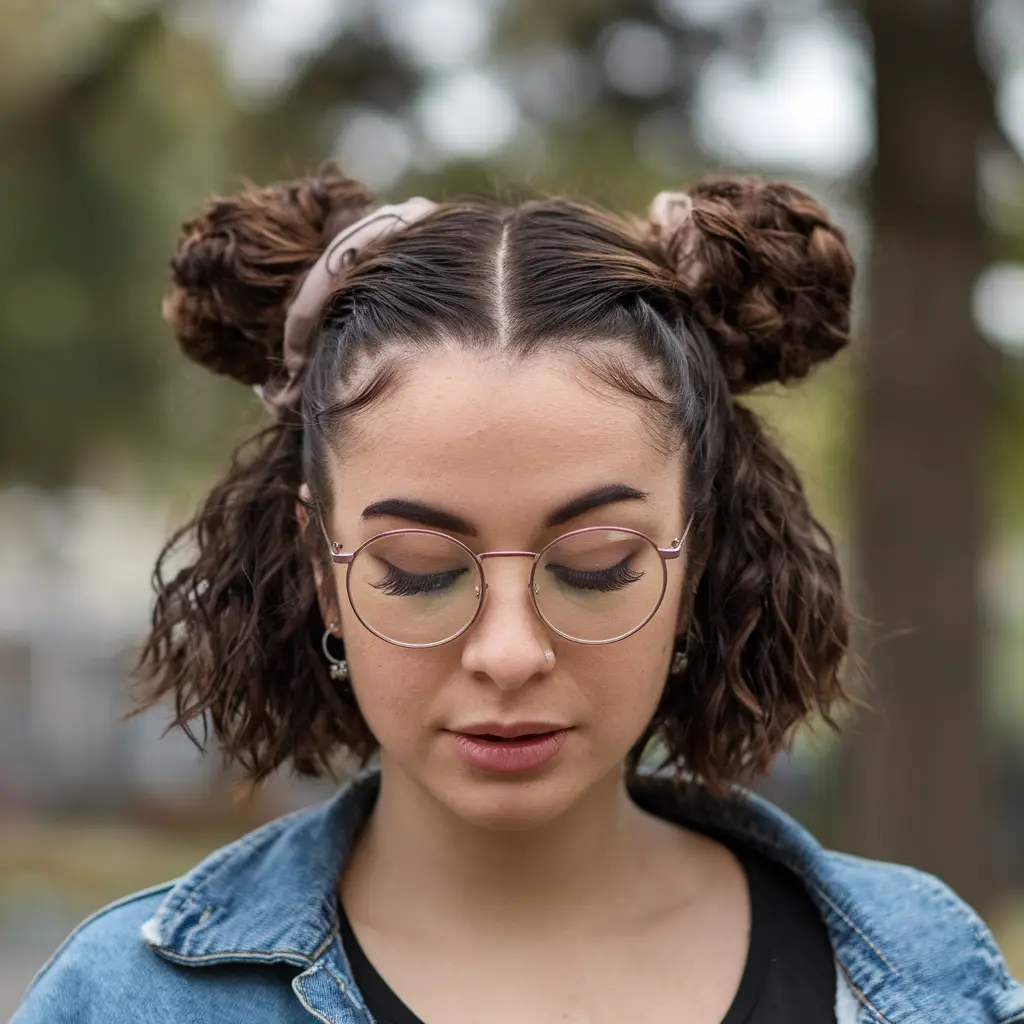 Space buns hairstyle with two buns on either side, perfect for short curly hair and playful looks