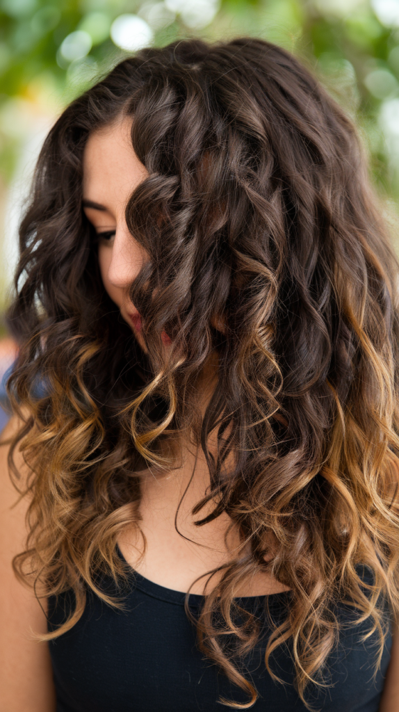 Woman with naturally curly hair featuring a stunning balayage in warm caramel tones, showcasing one of the good hair colors for curly hair.