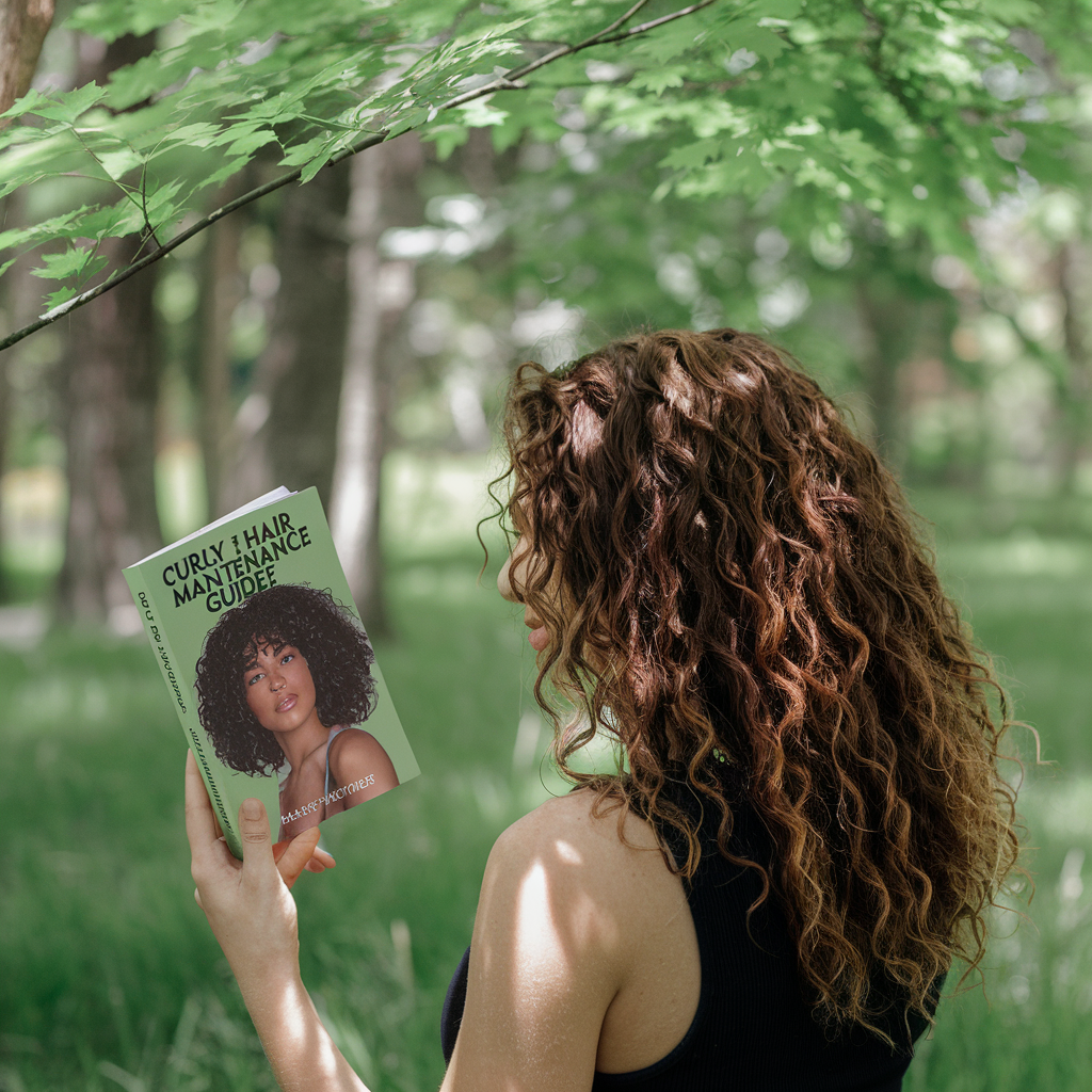 Woman with long curly hair reading a book titled "Curly Hair Maintenance Guide" in a green forest setting.