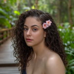 Woman with natural summer curly hairstyle adorned with a floral hair accessory in a lush, green outdoor environment