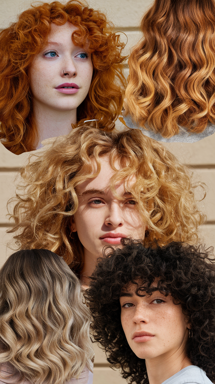 A vibrant collage of curly hairstyles showcasing good hair colors for curly hair, including bold red, golden blonde, natural black, and soft ash tones, emphasizing the beauty and versatility of curls.