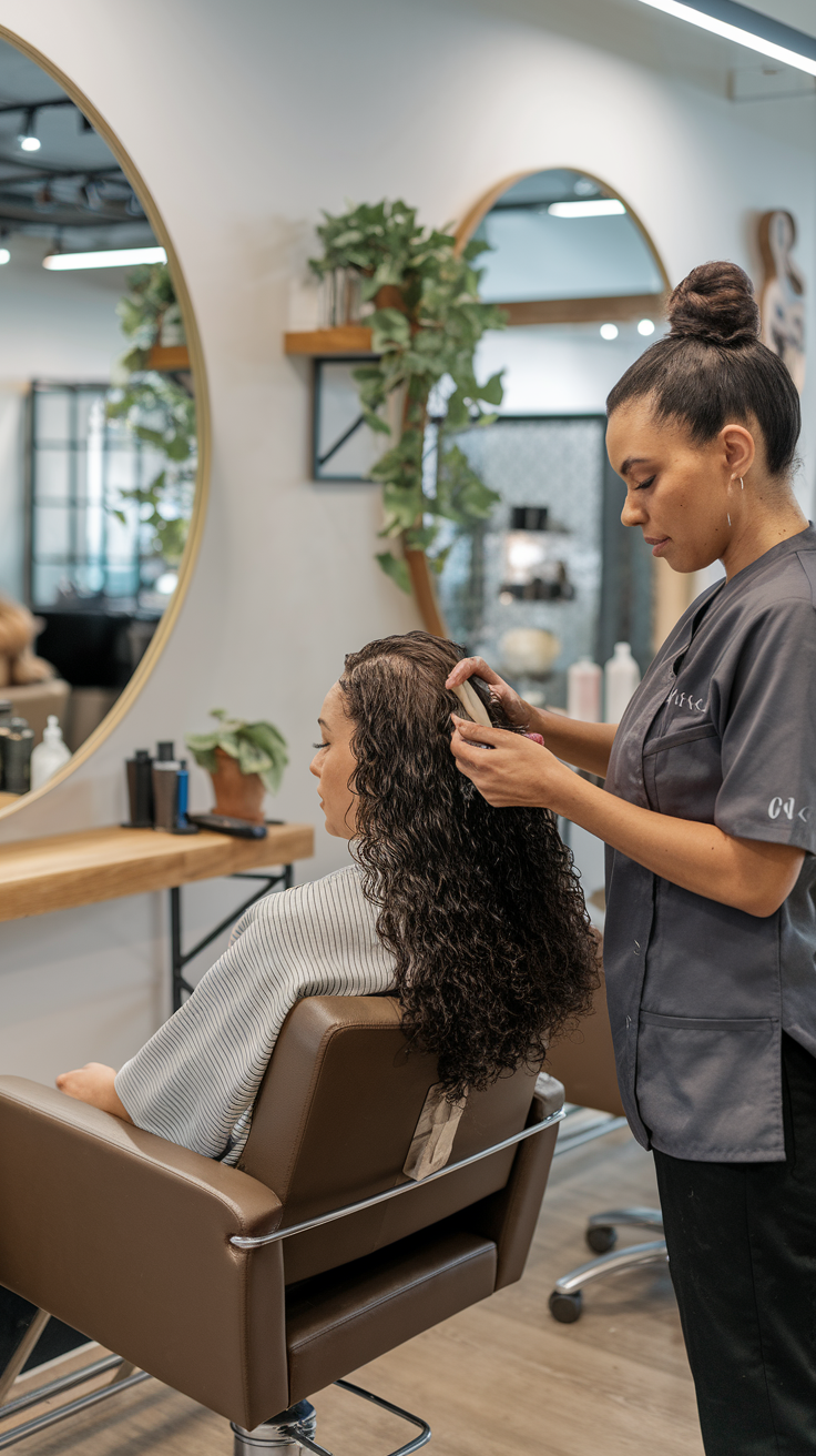 Salon Hair Treatments for Curly Hair - a stylist applying a specialized hair treatment to a client's curly hair in a modern salon setting.