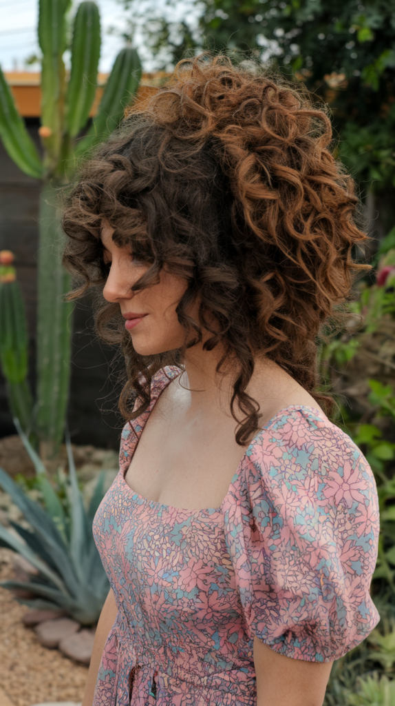 Woman with voluminous summer curly hairstyles wearing a floral dress in a natural outdoor setting.