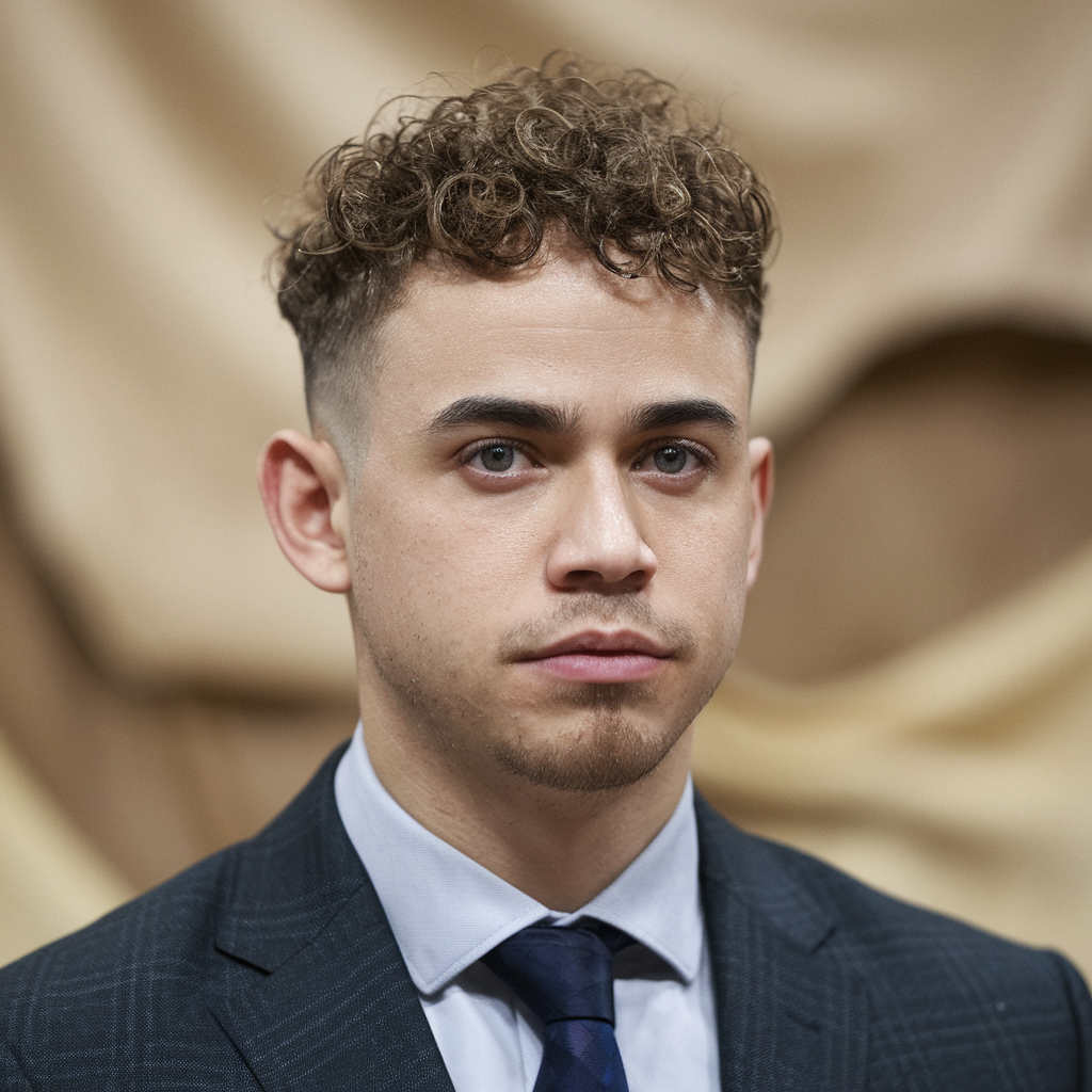 Man with a stylish short haircut for Type-3 curly hair, dressed in a suit and tie, showcasing 2025 hairstyle trends