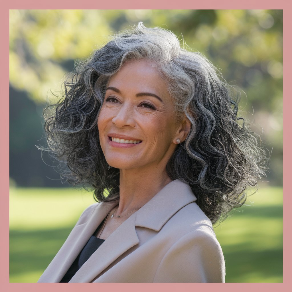 Elegant woman with natural grey curly hair smiling outdoors, showcasing a sophisticated and stylish curly hairstyles for women over 50.