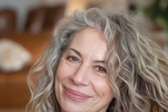 Smiling woman with natural grey curly hair holding a hairbrush, showcasing a stylish and elegant curly hairstyles for women over 50.