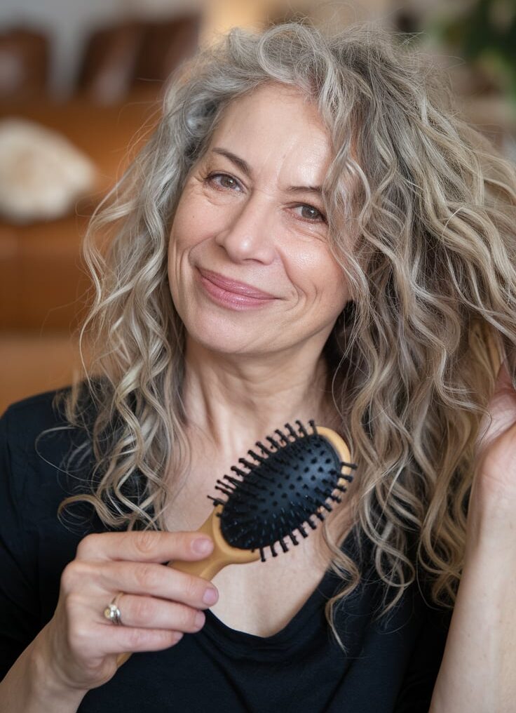 Smiling woman with natural grey curly hair holding a hairbrush, showcasing a stylish and elegant curly hairstyles for women over 50.