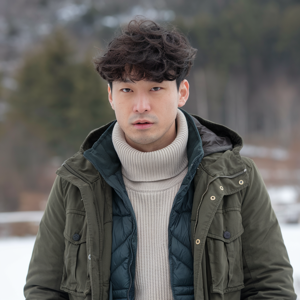 Korean curly hairstyles for men standing in jacket