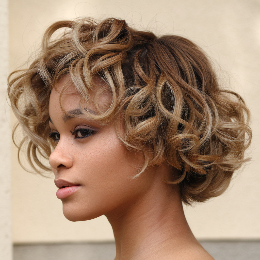 Side profile of a woman with short curly hair, perfectly styled for American African women, highlighting curls with blonde highlights for a trendy look.