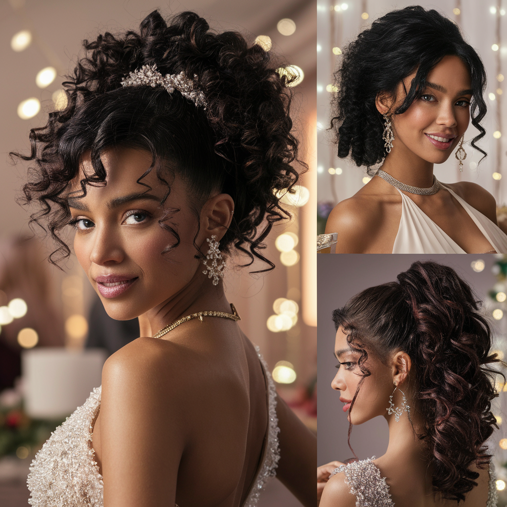 Stunning festive hairstyles for curly hair featuring elegant updos, voluminous ponytails, and chic curls, perfect for weddings, parties, and special occasions.