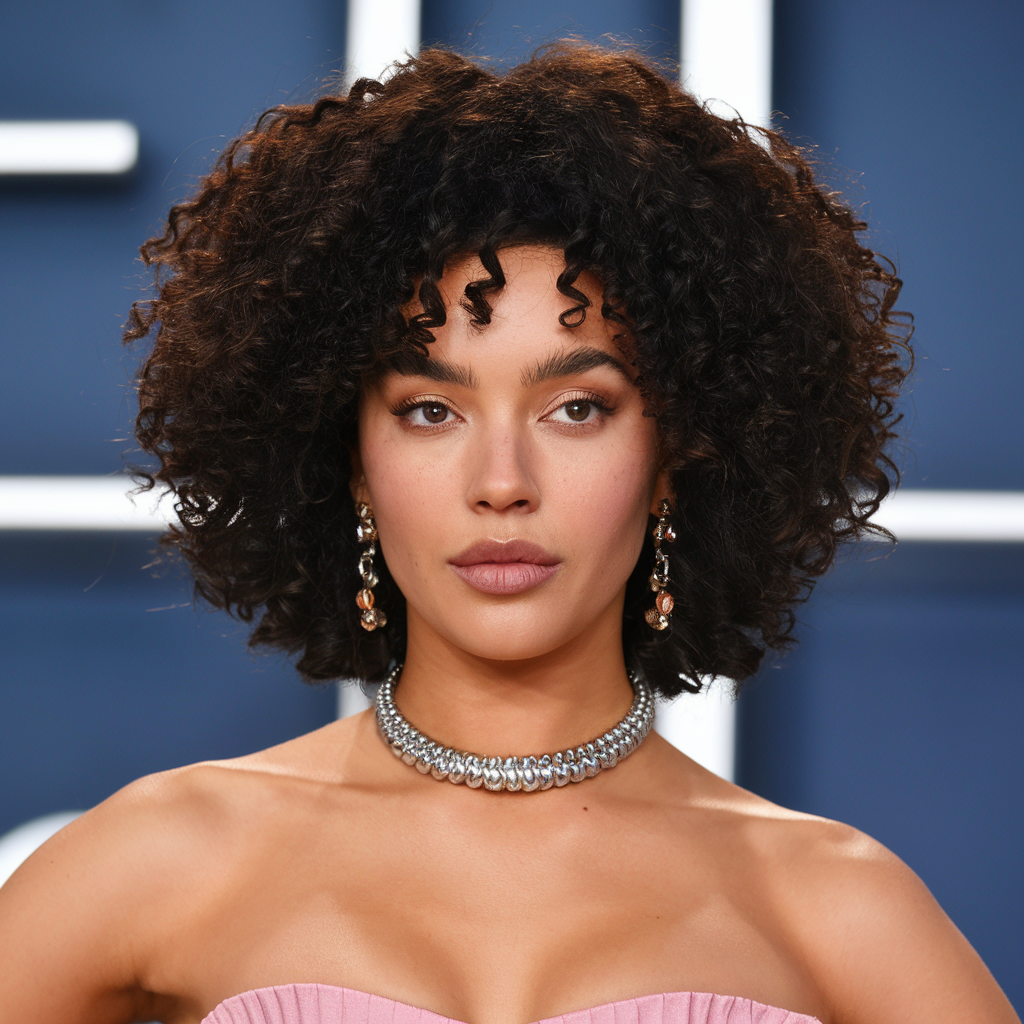 Woman with voluminous Human Crochet Hair, styled in beautiful curly waves, wearing elegant jewelry and a stylish outfit.