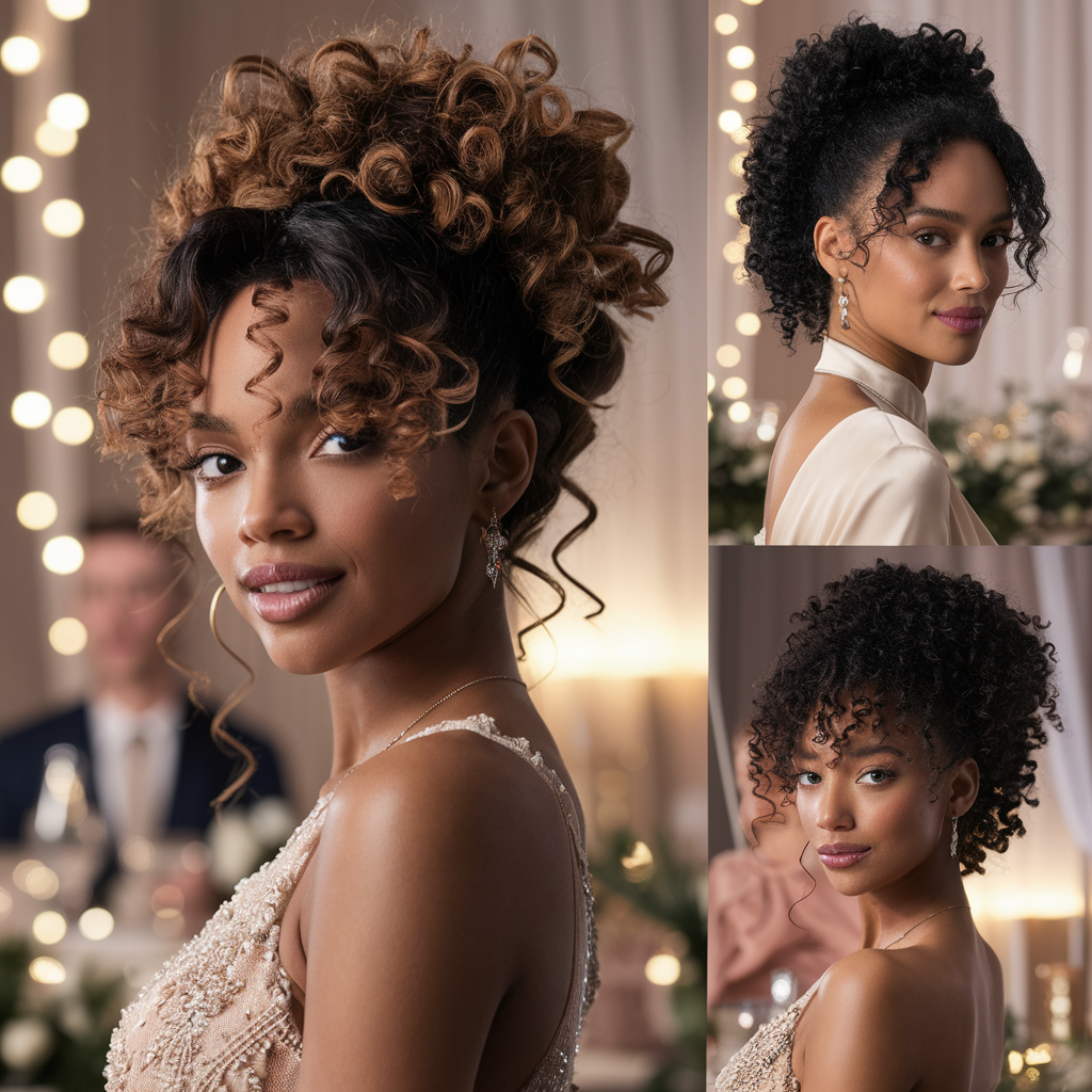 Elegant festive hairstyles for curly hair featuring stunning updos and curly ponytails, perfect for celebrations and special occasions.