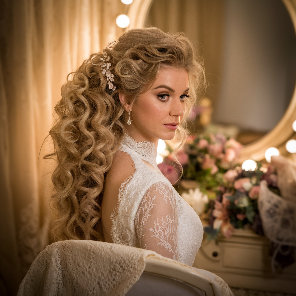 A stunning bride with a long, voluminous curly hairstyle for weddings, styled in a half-up, half-down look with floral hair accessories. She is wearing an elegant white lace bridal gown, sitting in front of a vintage mirror with glowing lights, enhancing the romantic wedding atmosphere.