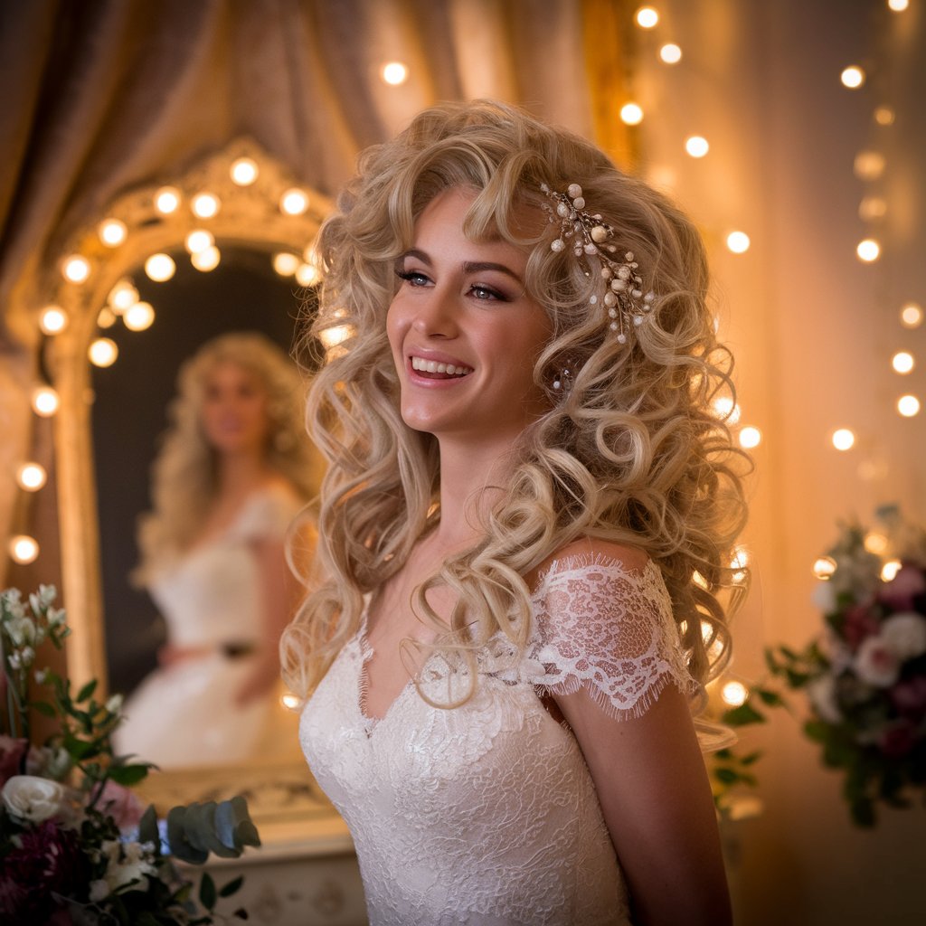 A joyful bride embracing a curly hairstyle for her wedding, with voluminous, bouncy curls adorned with elegant pearl hair accessories. She is wearing a stunning lace wedding gown, standing in front of a beautifully lit mirror with glowing fairy lights, creating a romantic and enchanting bridal look